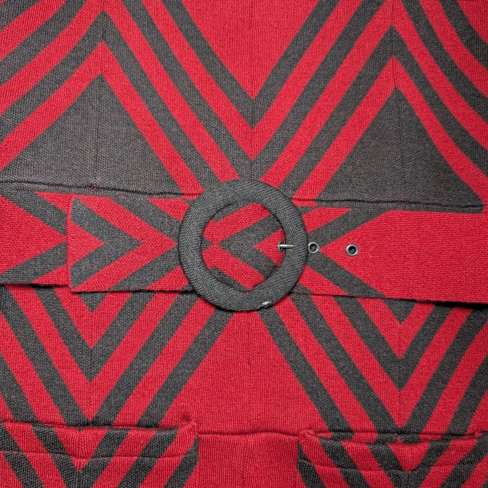 Alice + Olivia Geometric Wool Sweater Dress | Red Black | Belted Waist | Size M - Picture 7 of 9